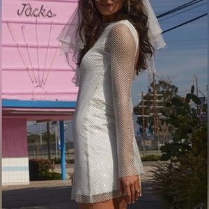 Anna White Rhinestone Mesh Mini Dress